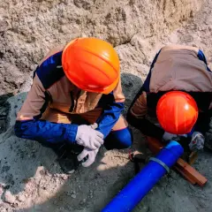 Dwóch pracowników w pomarańczowych kaskach i roboczych ubraniach montuje niebieską rurę. To etap prac, który może być potrzebny, by napisać podanie do gminy o przyłącze wody.