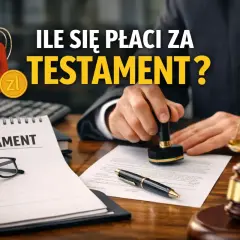 Ile kosztuje przepisanie majątku u notariusza? Na stole notarialnym dokument testamentu, pieczęć, waga sprawiedliwości i okulary.