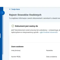 Na stronie mObywatel widzisz opcję "Rejestr Dowodów Osobistych" i informację, jak unieważnić dowód osobisty w przypadku utraty lub uszkodzenia.