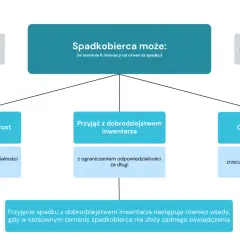 Schemat przedstawia opcje spadkobiercy: przyjąć spadek wprost, z dobrodziejstwem inwentarza lub odrzucić. Kluczowe jest dziedziczenie.