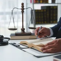 Prawnik w garniturze studiuje prawo, zastanawiając się, czy radca prawny może zostać notariuszem. Obok młotek sędziowski i waga sprawiedliwości.