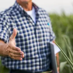 Mężczyzna w kratę wyciąga rękę do uścisku na polu. To może być początek dzierżawy ziemi rolnej przez nie rolnika.