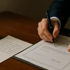 Dłoń pisze piórem na dokumencie. Obok pieczęć. To miejsce, gdzie spisać testament.