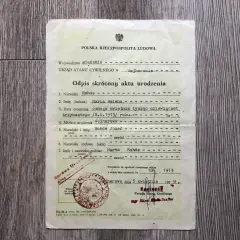 Skrócony odpis aktu urodzenia Marii Heleny Rohde z 1913 r. z USC Wejherowo. Nie podano, ile kosztuje skrócony odpis aktu urodzenia.