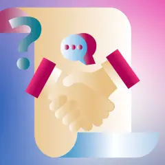 Dłoń podająca dłoń, znak zapytania i dymek czatu na tle gradientu.