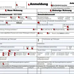 Formular zur Anmeldung einer neuen Wohnung. Wichtige Felder sind: Gemeindekennzahl, Adresse, Tag des Einzugs, Familienname, Geburtsname, Geburtsdatum und Staatsangehörigkeit.