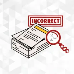 Stos dokumentów z napisem "INCORRECT" i lupą wskazującą na dom, pieniądze i samochód. Dowiedz się, jak poprawić błąd w oświadczeniu majątkowym.