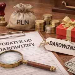 Dokument "Podatek od darowizny", szkatułka z prezentem, monety, worek PLN i lupa.