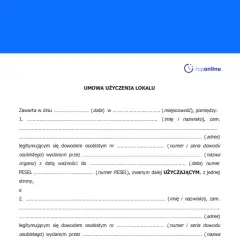Umowa użyczenia lokalu, dokument do wypełnienia, zawiera pola na dane stron, datę i miejsce zawarcia umowy.