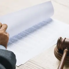 Ręce w garniturze przeglądają dokumenty, obok młotek sędziowski. Może to być akt notarialny gwarantujący dożywotnie zamieszkanie.