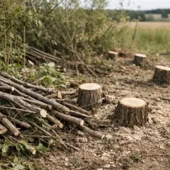 Na działce rolnej widać ścięte pnie i gałęzie. Samosiejki zostały usunięte, przygotowując teren pod nowe uprawy.