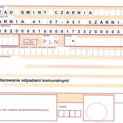 Formularz przelewu/wpłaty gotówki z tytułem "Gospodarowanie odpadami komunalnymi", zawierający dane odbiorcy Urząd Gminy Czarnia i numer rachunku.