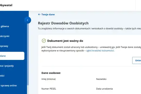 Na stronie mObywatel widzisz opcję "Rejestr Dowodów Osobistych" i informację, jak unieważnić dowód osobisty w przypadku utraty lub uszkodzenia.
