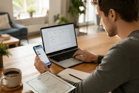 Mężczyzna pracuje przy laptopie, trzymając telefon z widocznym wielojęzycznym odpisem aktu urodzenia. Na biurku kawa i dokumenty.
