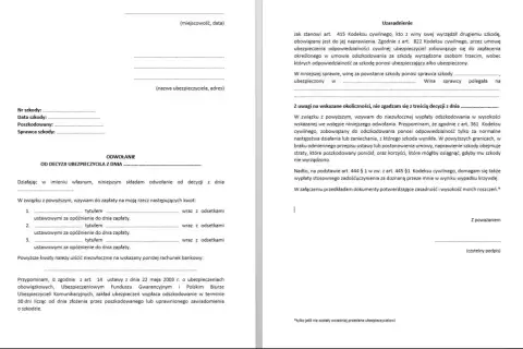 Odwołanie od decyzji ubezpieczyciela, wzywające do zapłaty odszkodowania i zadośćuczynienia. Decyzja podatkowa jest tu kluczowa.