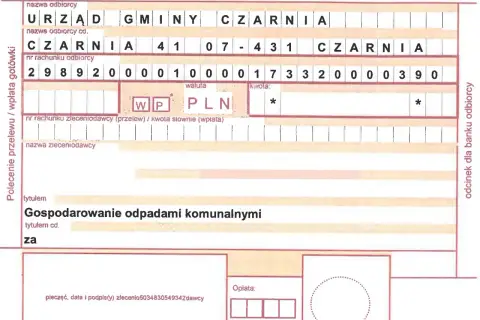 Formularz przelewu/wpłaty gotówki z tytułem "Gospodarowanie odpadami komunalnymi", zawierający dane odbiorcy Urząd Gminy Czarnia i numer rachunku.