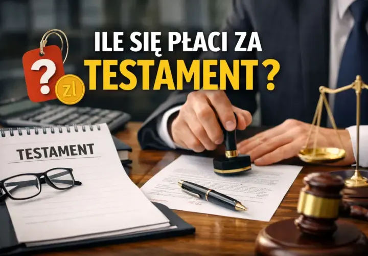 Ile kosztuje przepisanie majątku u notariusza? Na stole notarialnym dokument testamentu, pieczęć, waga sprawiedliwości i okulary.