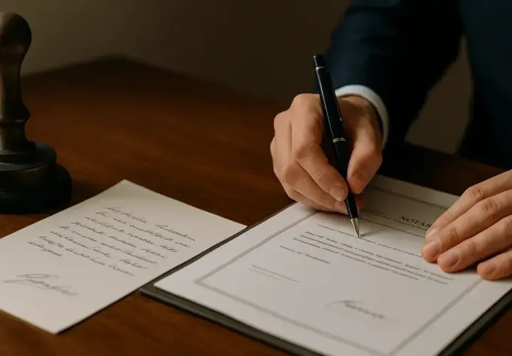 Dłoń pisze piórem na dokumencie. Obok pieczęć. To miejsce, gdzie spisać testament.