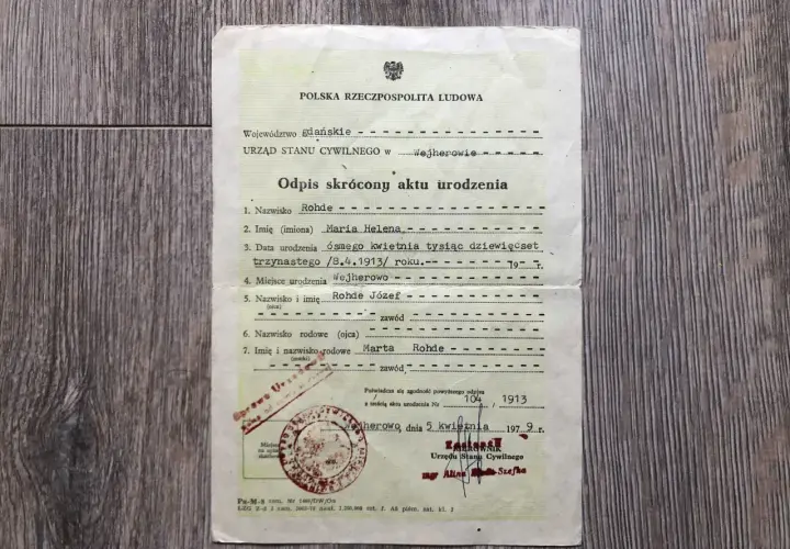 Skrócony odpis aktu urodzenia Marii Heleny Rohde z 1913 r. z USC Wejherowo. Nie podano, ile kosztuje skrócony odpis aktu urodzenia.