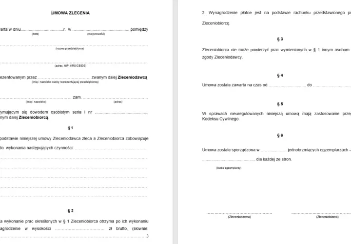 Umowa zlecenia zawiera dane stron, zakres prac, wynagrodzenie i postanowienia dotyczące realizacji zlecenia.