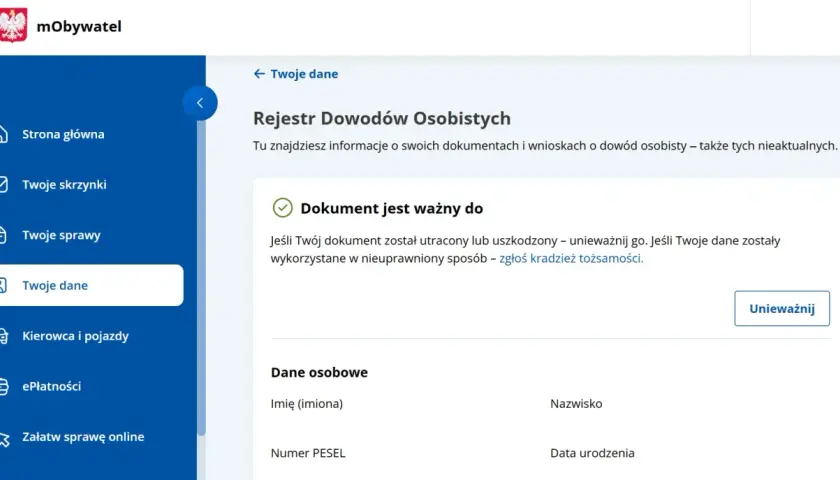 Na stronie mObywatel widzisz opcję "Rejestr Dowodów Osobistych" i informację, jak unieważnić dowód osobisty w przypadku utraty lub uszkodzenia.