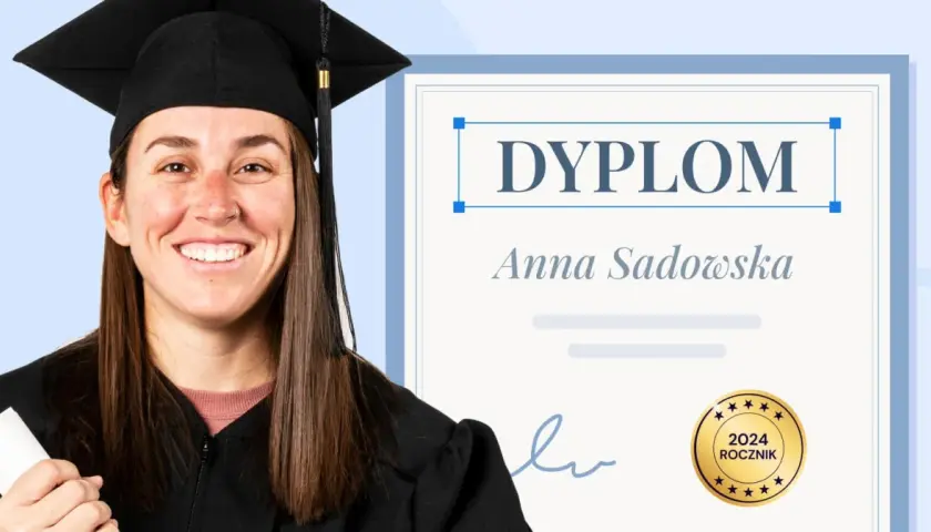 Uśmiechnięta absolwentka w todze trzyma zwinięty dokument. Obok widnieje dyplom z napisem "Anna Sadowska" i pieczęcią "2024 ROCZNIK". To co to jest odpis dyplomu.