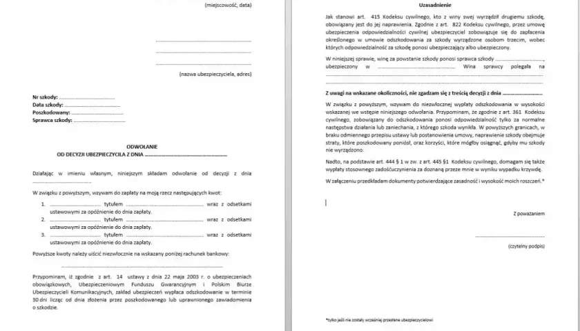 Odwołanie od decyzji ubezpieczyciela, wzywające do zapłaty odszkodowania i zadośćuczynienia. Decyzja podatkowa jest tu kluczowa.