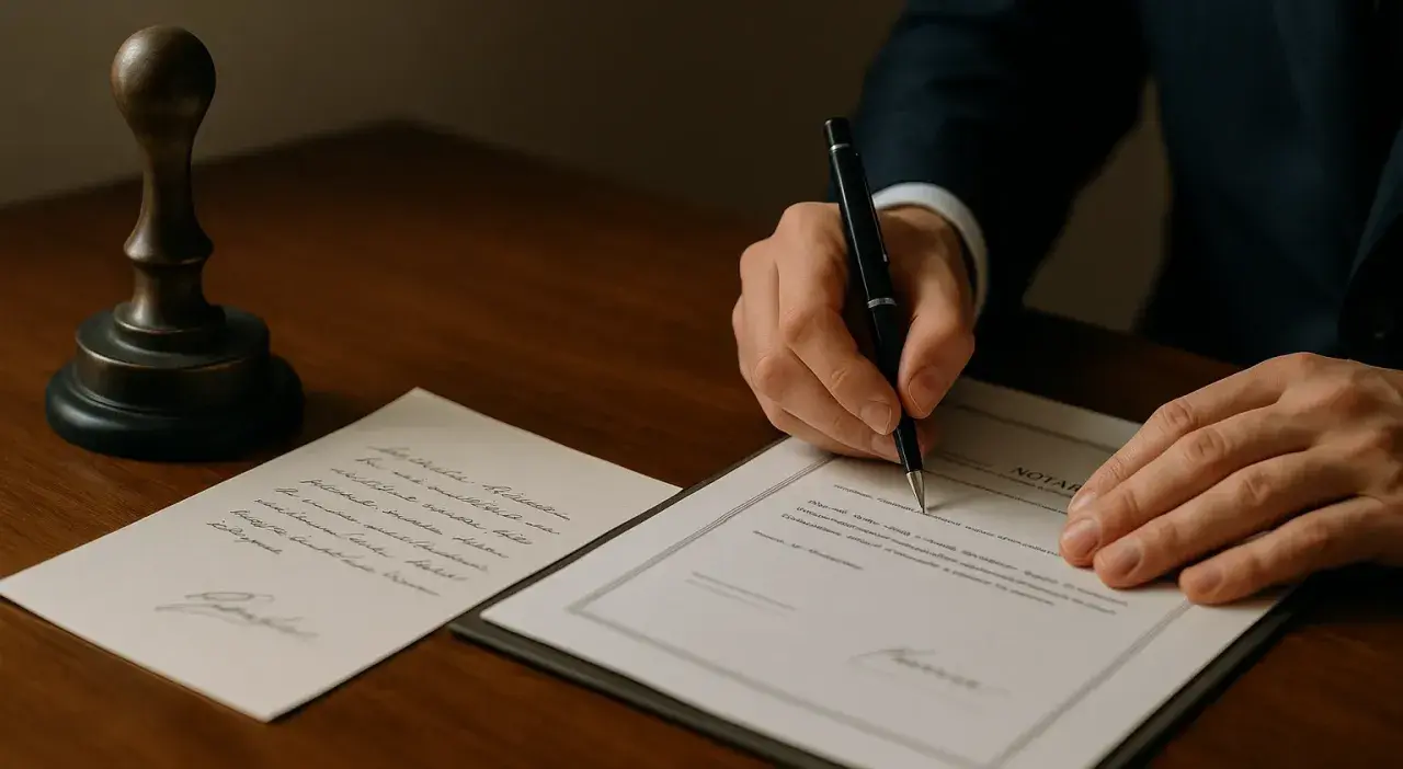Dłoń pisze piórem na dokumencie. Obok pieczęć. To miejsce, gdzie spisać testament.