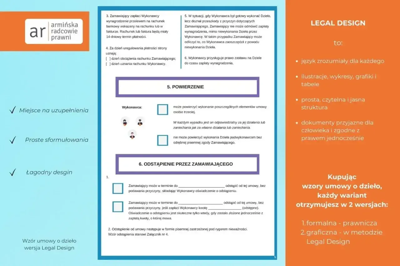 Wzór umowy o dzieło w wersji Legal Design: przejrzyste zasady, proste sformułowania i łagodny design. Dokumenty zgodne z prawem.