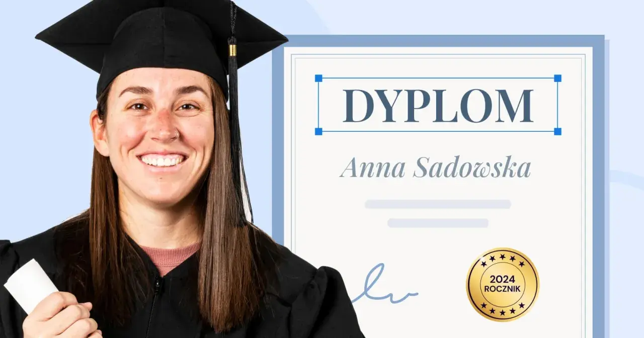 Uśmiechnięta absolwentka w todze trzyma zwinięty dokument. Obok widnieje dyplom z napisem "Anna Sadowska" i pieczęcią "2024 ROCZNIK". To co to jest odpis dyplomu.