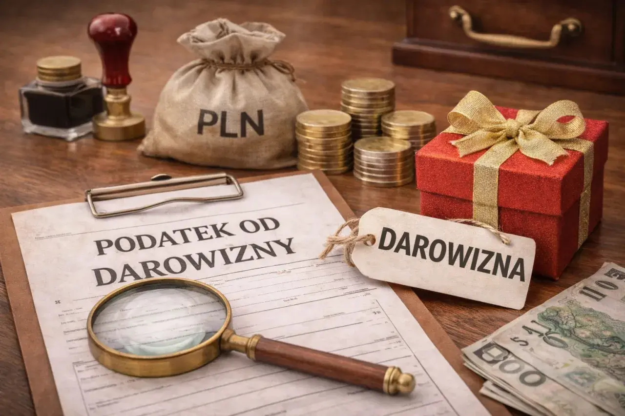 Dokument "Podatek od darowizny", szkatułka z prezentem, monety, worek PLN i lupa.