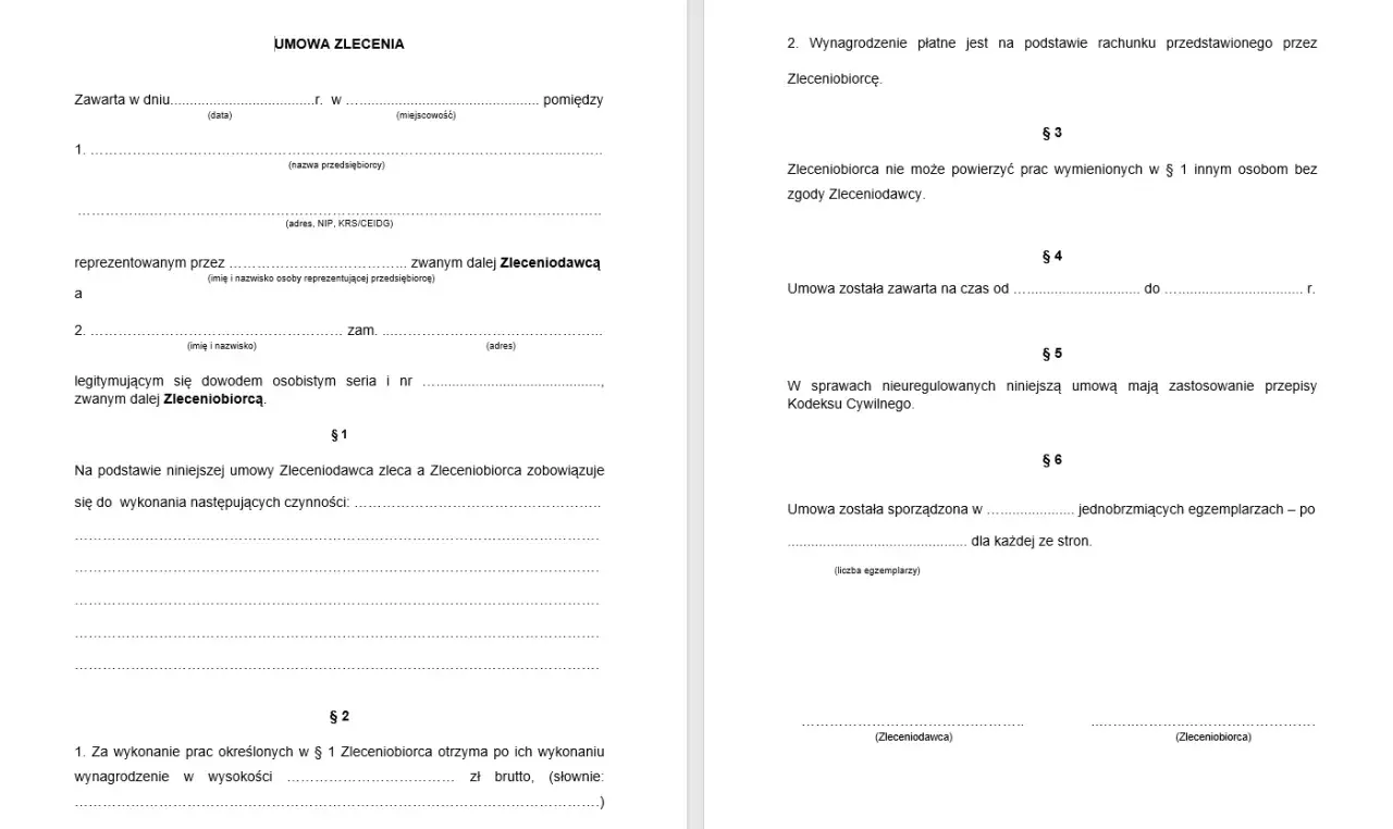 Umowa zlecenia zawiera dane stron, zakres prac, wynagrodzenie i postanowienia dotyczące realizacji zlecenia.