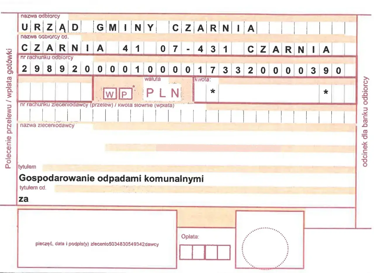 Formularz przelewu/wpłaty gotówki z tytułem "Gospodarowanie odpadami komunalnymi", zawierający dane odbiorcy Urząd Gminy Czarnia i numer rachunku.