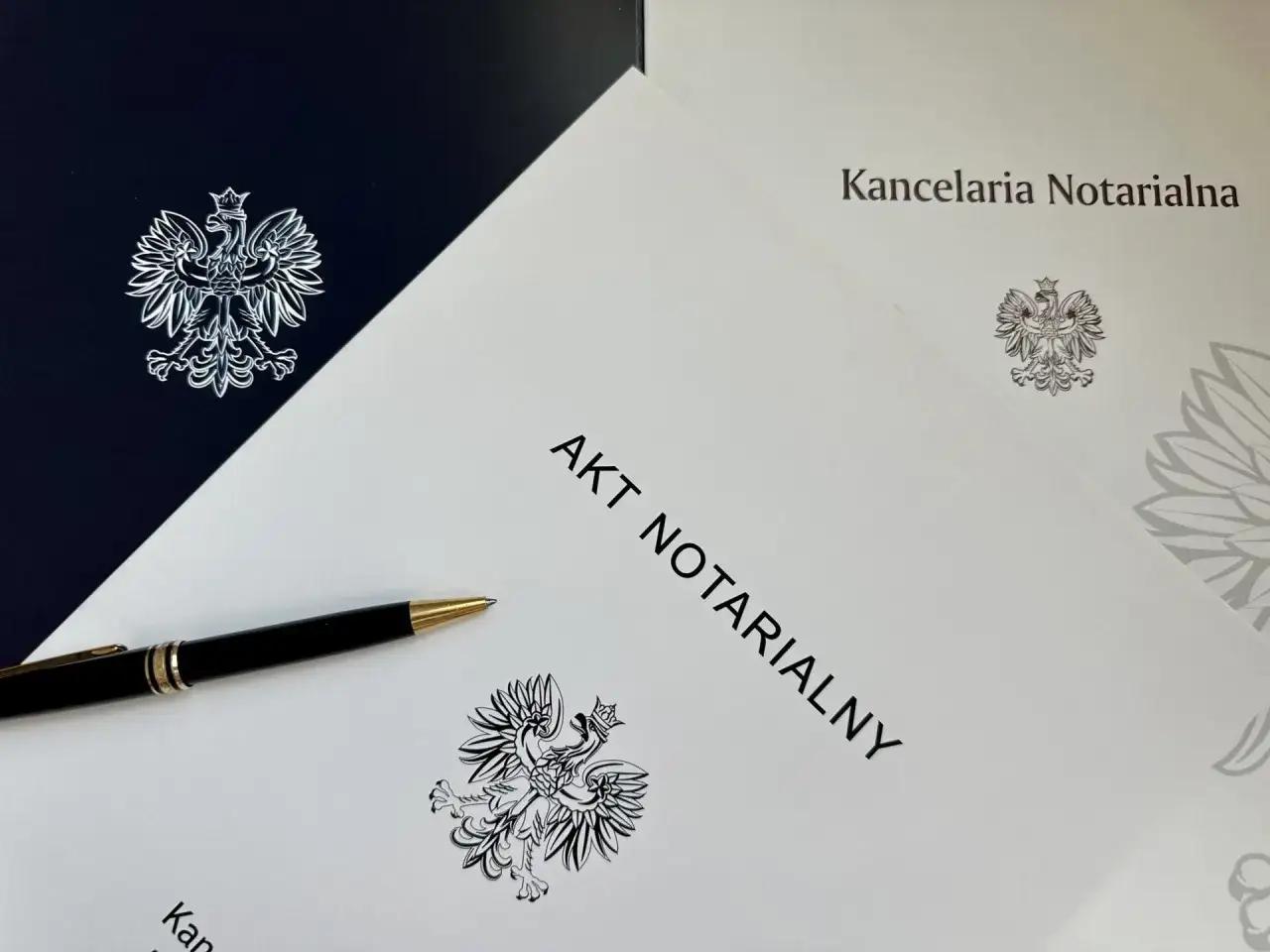 Akt notarialny na jednego z małżonków, przygotowany w kancelarii notarialnej. Długopis czeka na podpis.