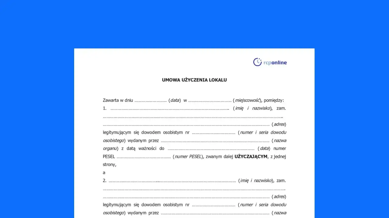 Umowa użyczenia lokalu, dokument do wypełnienia, zawiera pola na dane stron, datę i miejsce zawarcia umowy.