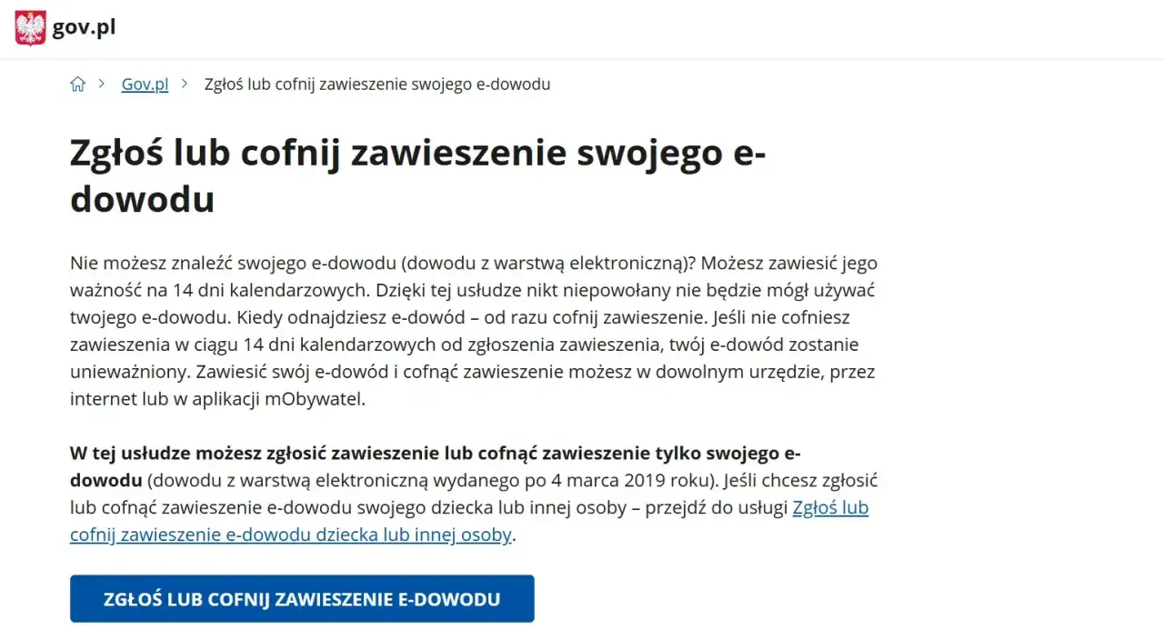 Zgłoś lub cofnij zawieszenie e-dowodu. Dowiedz się, jak unieważnić dowód osobisty, gdy go zgubisz. Usługa dostępna online.