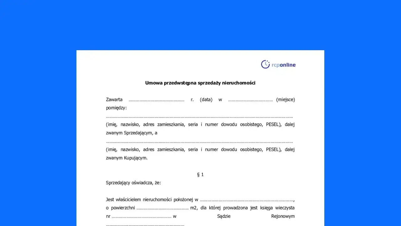 Umowa przedwstępna sprzedaży nieruchomości. Dokument zawiera dane sprzedającego i kupującego, a także informacje o nieruchomości.