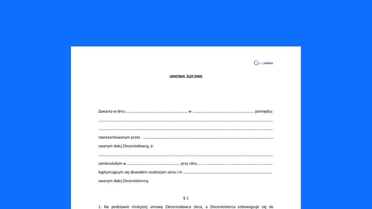 Szablon umowy zlecenia. Dokument zawiera pola do wypełnienia dotyczące stron umowy, daty zawarcia oraz danych zleceniodawcy i zleceniobiorcy.