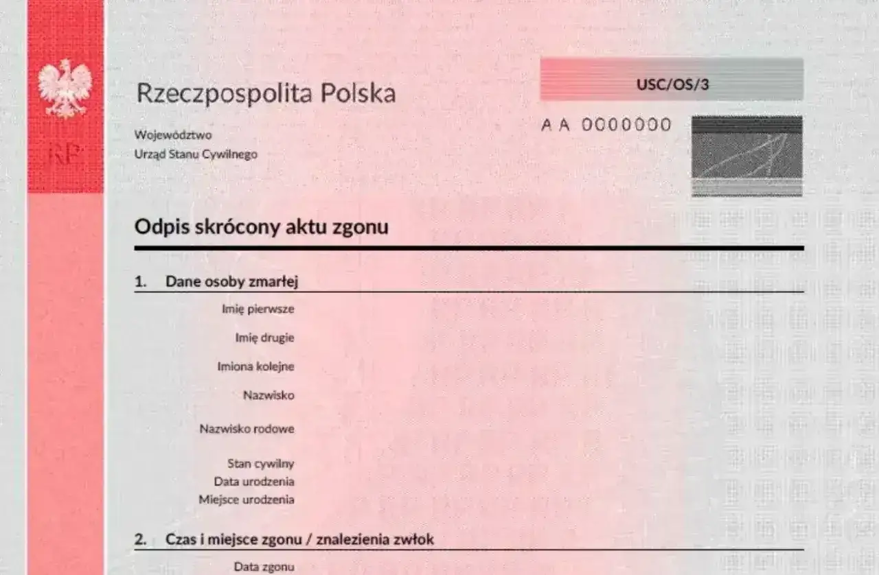 Fragment dokumentu Rzeczpospolita Polska, Urząd Stanu Cywilnego. Odpis skrócony aktu zgonu zawiera dane osoby zmarłej i czas zgonu.