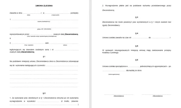 Umowa zlecenia zawiera dane stron, zakres prac, wynagrodzenie i postanowienia dotyczące realizacji zlecenia.